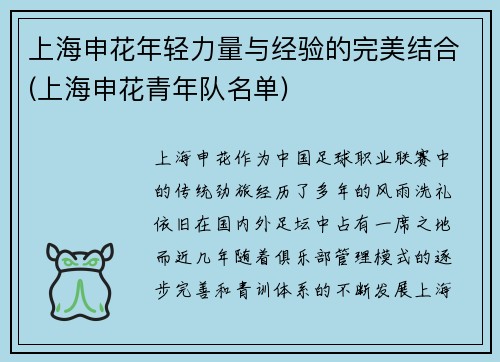 上海申花年轻力量与经验的完美结合(上海申花青年队名单)
