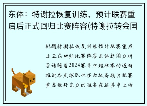 东体：特谢拉恢复训练，预计联赛重启后正式回归比赛阵容(特谢拉转会国米)