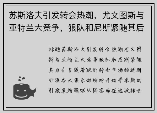 苏斯洛夫引发转会热潮，尤文图斯与亚特兰大竞争，狼队和尼斯紧随其后