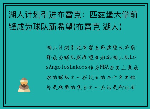 湖人计划引进布雷克：匹兹堡大学前锋成为球队新希望(布雷克 湖人)