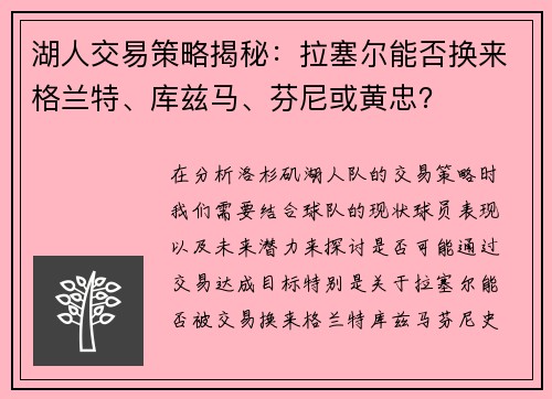 湖人交易策略揭秘：拉塞尔能否换来格兰特、库兹马、芬尼或黄忠？