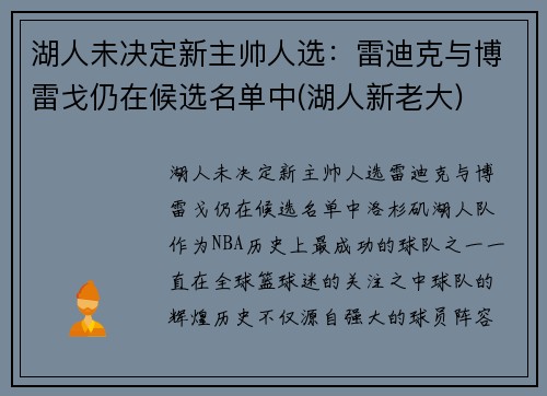 湖人未决定新主帅人选：雷迪克与博雷戈仍在候选名单中(湖人新老大)