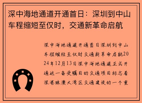 深中海地通道开通首日：深圳到中山车程缩短至仅时，交通新革命启航