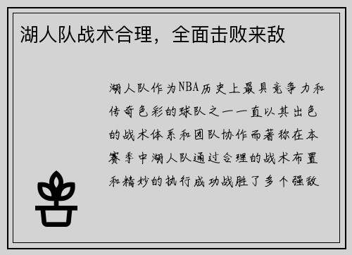 湖人队战术合理，全面击败来敌