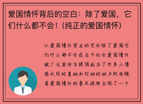 爱国情怀背后的空白：除了爱国，它们什么都不会！(纯正的爱国情怀)