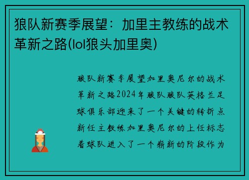 狼队新赛季展望：加里主教练的战术革新之路(lol狼头加里奥)