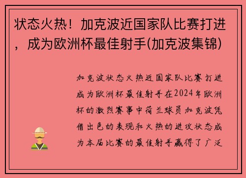 状态火热！加克波近国家队比赛打进，成为欧洲杯最佳射手(加克波集锦)