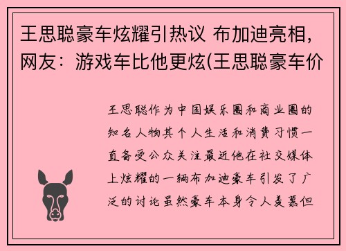 王思聪豪车炫耀引热议 布加迪亮相，网友：游戏车比他更炫(王思聪豪车价格)
