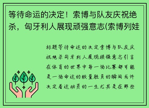 等待命运的决定！索博与队友庆祝绝杀，匈牙利人展现顽强意志(索博列娃)