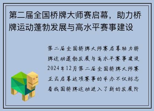 第二届全国桥牌大师赛启幕，助力桥牌运动蓬勃发展与高水平赛事建设