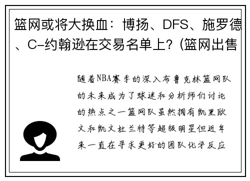 篮网或将大换血：博扬、DFS、施罗德、C-约翰逊在交易名单上？(篮网出售)