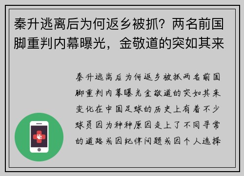 秦升逃离后为何返乡被抓？两名前国脚重判内幕曝光，金敬道的突如其来变化