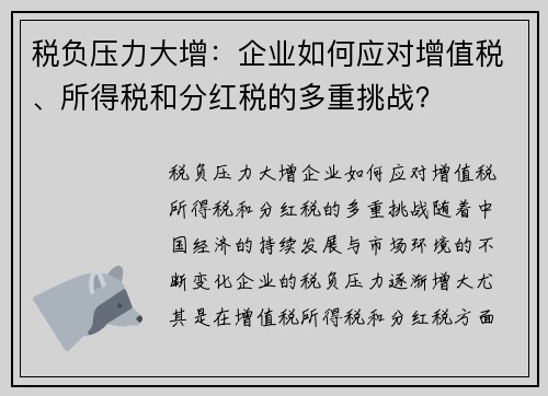 税负压力大增：企业如何应对增值税、所得税和分红税的多重挑战？