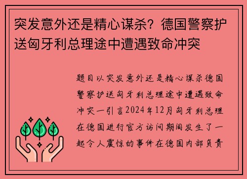 突发意外还是精心谋杀？德国警察护送匈牙利总理途中遭遇致命冲突