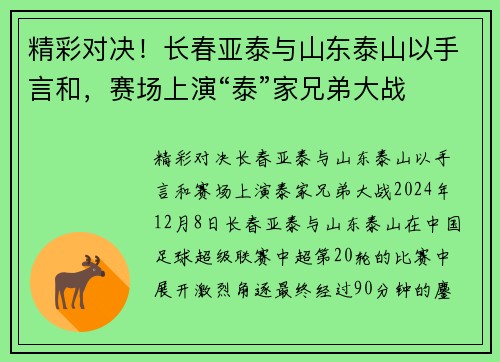 精彩对决！长春亚泰与山东泰山以手言和，赛场上演“泰”家兄弟大战