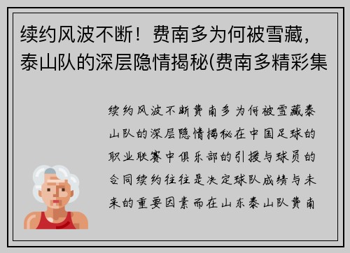 续约风波不断！费南多为何被雪藏，泰山队的深层隐情揭秘(费南多精彩集锦)