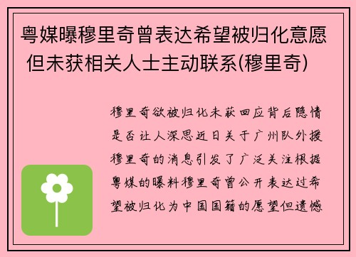 粤媒曝穆里奇曾表达希望被归化意愿 但未获相关人士主动联系(穆里奇)