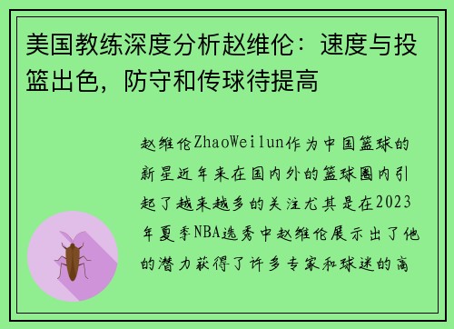 美国教练深度分析赵维伦：速度与投篮出色，防守和传球待提高