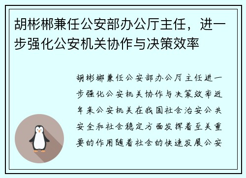 胡彬郴兼任公安部办公厅主任，进一步强化公安机关协作与决策效率