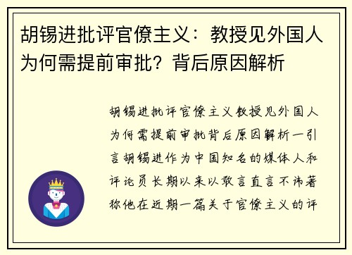 胡锡进批评官僚主义：教授见外国人为何需提前审批？背后原因解析