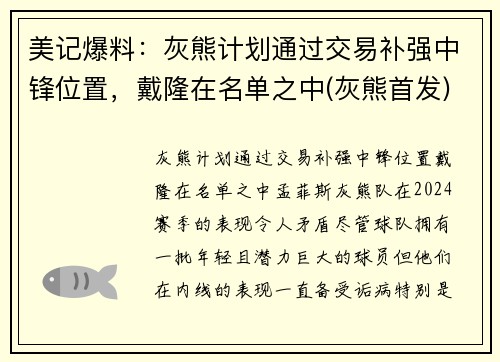 美记爆料：灰熊计划通过交易补强中锋位置，戴隆在名单之中(灰熊首发)