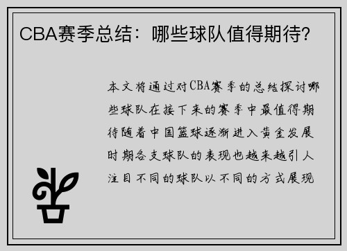 CBA赛季总结：哪些球队值得期待？
