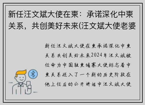 新任汪文斌大使在柬：承诺深化中柬关系，共创美好未来(汪文斌大使老婆)
